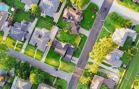 An aerial view of homes in a neighborhood